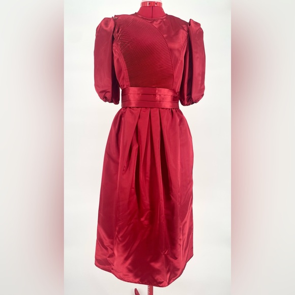 Rare 1980s Ruby Red Donna Morgan Satin Puff Sleeve Cocktail Dress - Picture 2 of 16